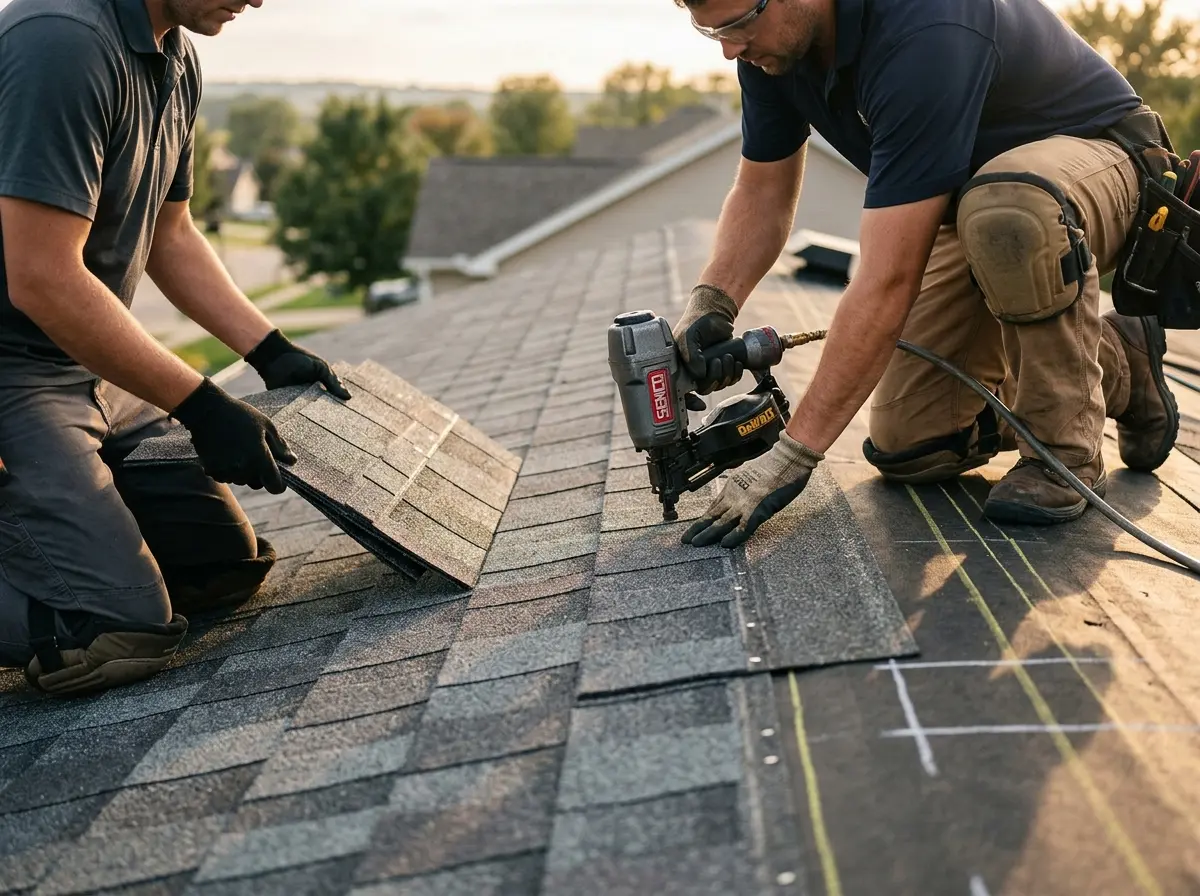 Professional roofer working on a residential roof in Duncan